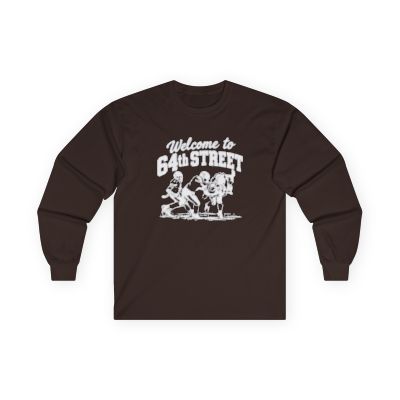Dark Chocolate brown long-sleeve shirt with the white Welcome to 64th Street football design